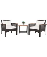 Vebreda 3 Pieces Patio Rattan Furniture Set with Acacia Wood Tabletop