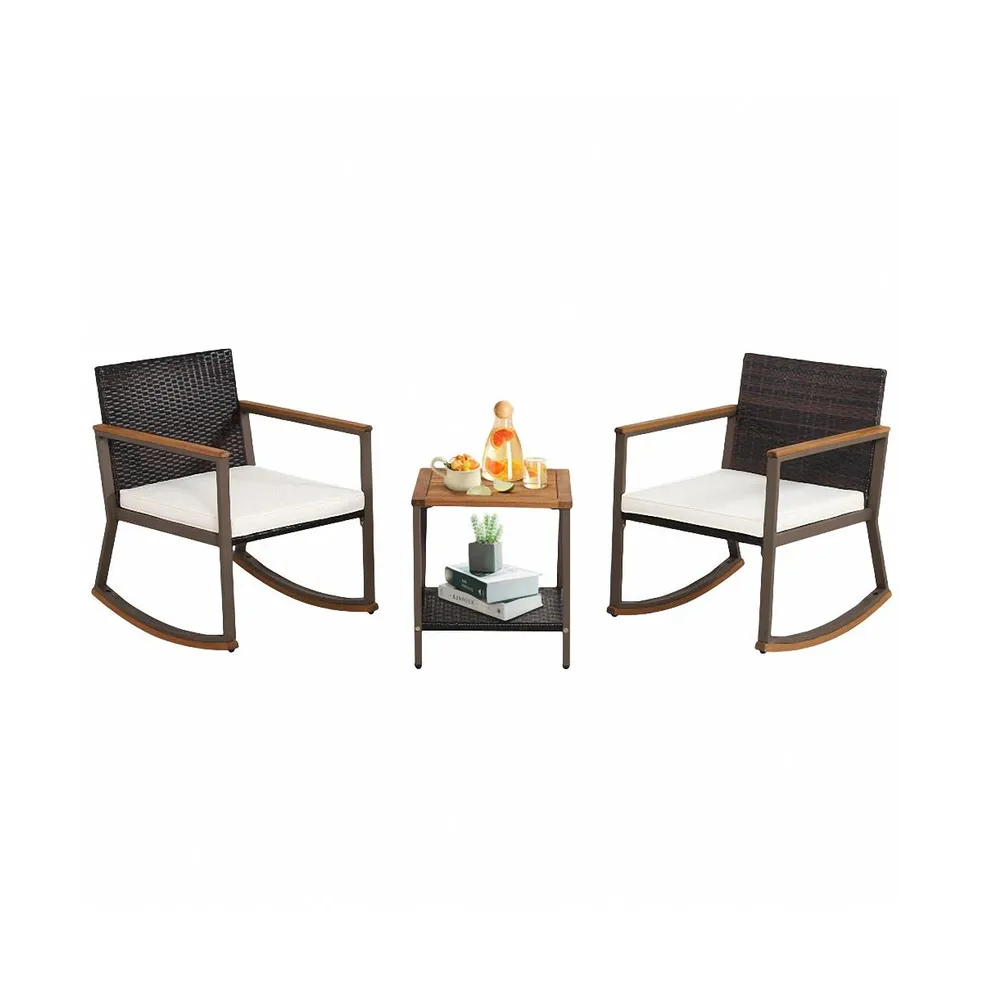 Sugift 3 Pieces Rattan Rocking Bistro Set with Coffee Table and Cushions