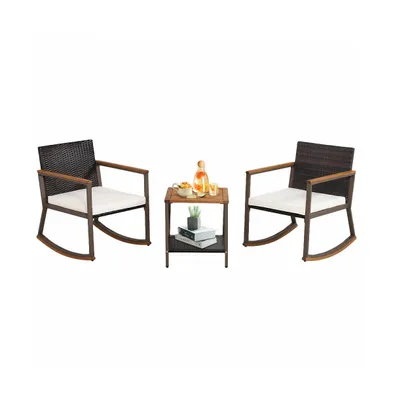 Sugift 3 Pieces Rattan Rocking Bistro Set with Coffee Table and Cushions