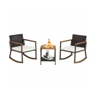 3 Pieces Rattan Rocking Bistro Set with Coffee Table and Cushions-Off White