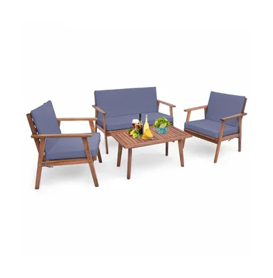 4 Piece Outdoor Acacia Wood Conversation Set with Soft Seat and Back Cushions