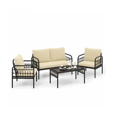 Sugift 4 Pieces Outdoor Wicker Conversation Bistro Set with Soft Cushions and Tempered Glass Coffee Table