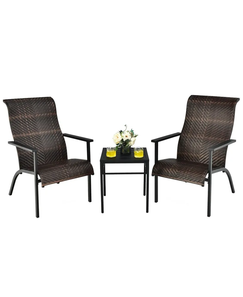 3 Pieces Patio Rattan Bistro Set with High Backrest and Armrest-Brown