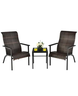 Sugift 3 Pieces Patio Rattan Bistro Set with High Backrest and Armrest