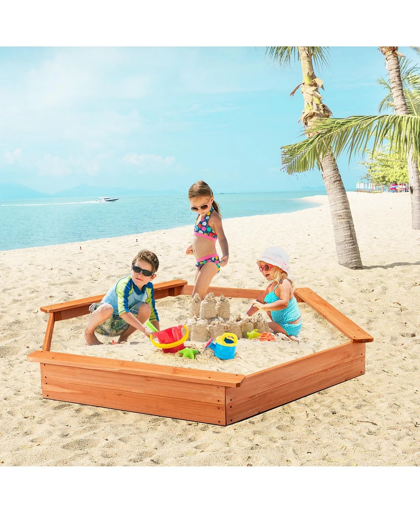 Hexagon Wooden Cedar Sand Box with Seat Boards