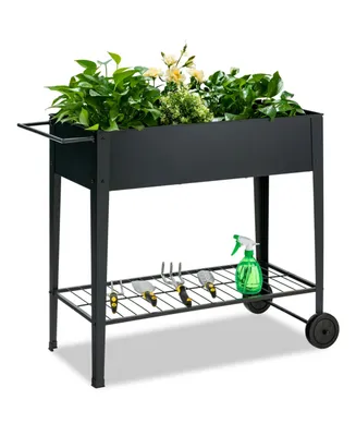 Raised Garden Bed Elevated Planter Box on Wheels Steel Planter with Shelf-Black