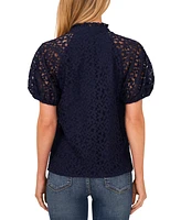 CeCe Women's Floral Lace Puff Sleeve Split Neck Top