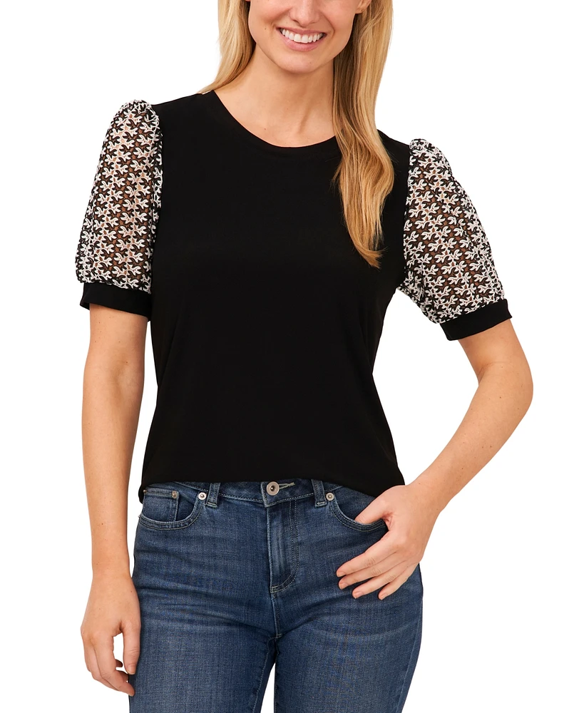 CeCe Women's Crochet Puff-Sleeve Mixed-Media Knit Top