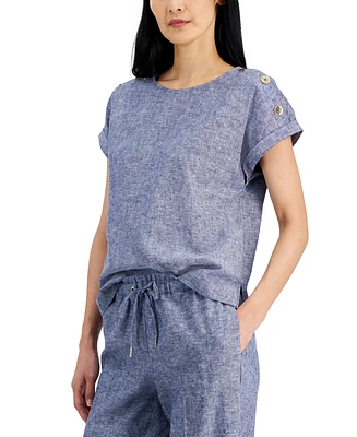Anne Klein Women's Linen-Blend Button-Shoulder Short-Sleeve Top