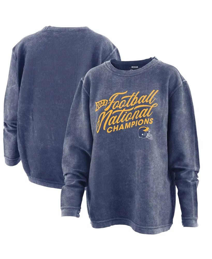 Women's Pressbox Navy Distressed Michigan Wolverines College Football Playoff 2023 National Champions Comfy Cord Pullover Sweatshirt