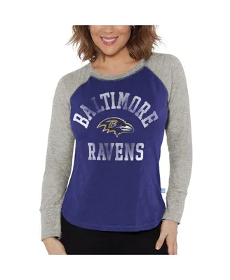 Women's G-iii 4Her by Carl Banks Purple, Heather Gray Distressed Baltimore Ravens Waffle Knit Raglan Long Sleeve T-shirt