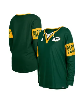 Women's New Era Green Bay Packers Lace-Up Notch Neck Long Sleeve T-shirt