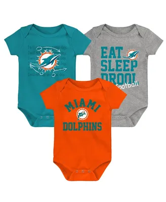 Baby Boys and Girls Aqua, Orange, Heather Gray Miami Dolphins Three-Pack Eat, Sleep Drool Retro Bodysuit Set