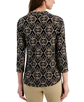 Jm Collection Women's Printed 3/4 Sleeve V-Neck Knit Top, Created for Macy's