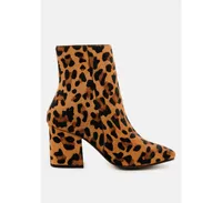 Helen Women's Leopard Print Block Heel Leather Ankle Boots