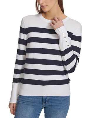 Nautica Jeans Women's Striped Button-Cuff Crewneck Sweater