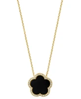 Effy Onyx & Diamond (1/6 ct. t.w.) Flower Halo 18" Pendant Necklace in 14k Gold