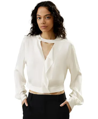 V Neck Collared Silk Shirt for Women