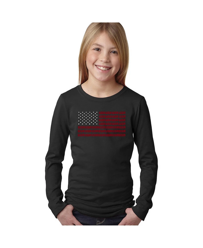 Girl's Word Art Long Sleeve - Usa Flag