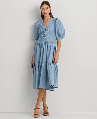 Lauren Ralph Petite Cotton Chambray Puff-Sleeve Dress