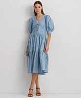 Lauren Ralph Petite Cotton Chambray Puff-Sleeve Dress