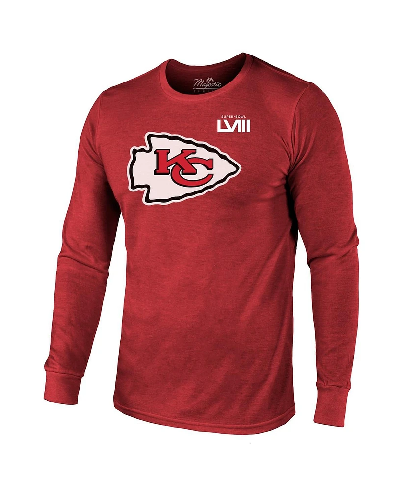 Men's Majestic Threads Patrick Mahomes Red Kansas City Chiefs Super Bowl Lviii Name and Number Tri-Blend Long Sleeve T-shirt