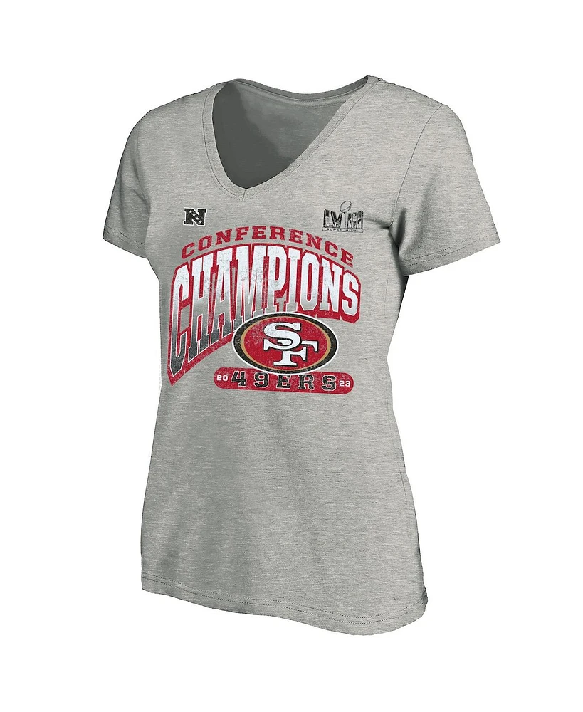 Women's Fanatics Heather Gray San Francisco 49ers 2023 Nfc Champions Plus Hail Mary V-Neck T-shirt