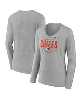 Women's Fanatics Heather Gray Kansas City Chiefs Super Bowl Lviii Quick Pass Long Sleeve V-Neck T-shirt