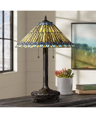 Traditional Tiffany Style Table Lamp 26" High Antique Dark Bronze Peacock Antique Art Glass Shade Decor for Living Room Bedroom House Bedside Nightsta