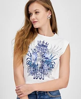 Guess Women's Smocked Embellished Graphic Tank Top