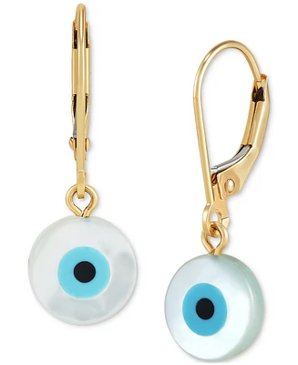 Mother of Pearl & Enamel Evil Eye Leverback Drop Earrings in 10k Gold