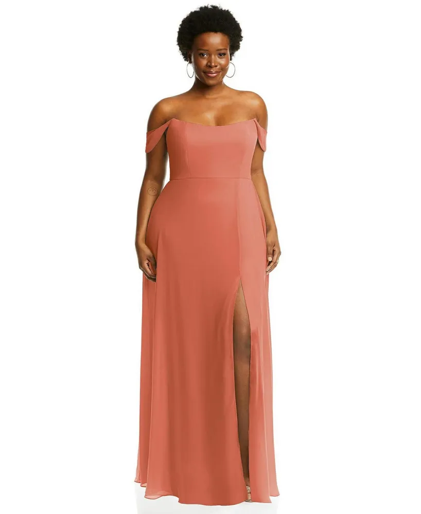 After Six Plus Size Off-the-Shoulder Basque Neck Maxi Dress with Flounce Sleeves