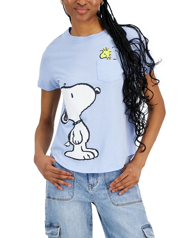 Snoopy Juniors' Short-Sleeve Crewneck Pocket Tee