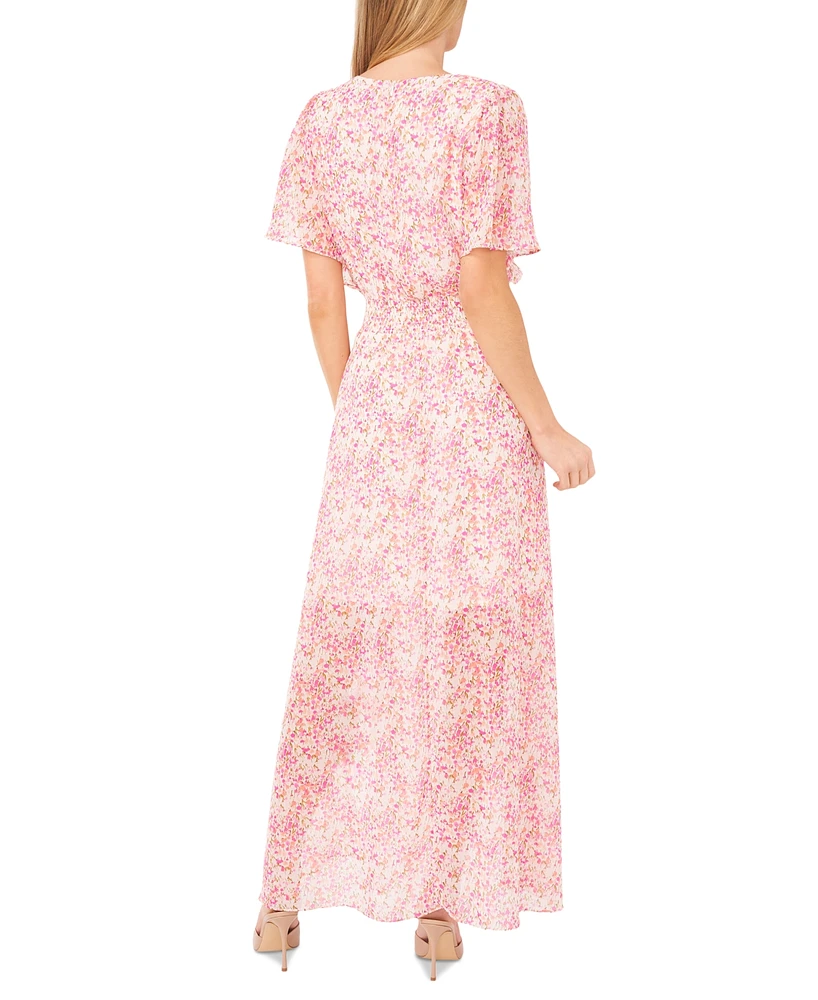 CeCe Women's Ditsy Floral Smocked-Waist Flutter-Sleeve Maxi Dress