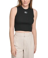 Calvin Klein Jeans Women's Ribbed Angled-Hem Cropped Logo Top