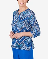 Alfred Dunner Petite Tradewinds Geometric Tile Split Neck Top