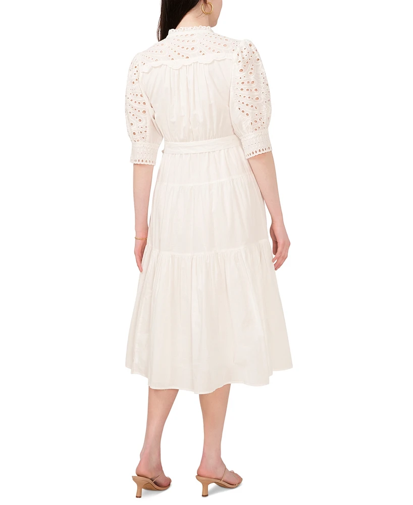 CeCe Women's Cotton Eyelet Short Puff Sleeve Midi Dress