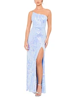 Blondie Nites Juniors' One-Shoulder Sequin High-Slit Dress