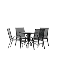 Five Piece Patio Dining Set - Square Table With Powder Coated Frame And Tempered Glass Top & 4 Flex Comfort Stack Chairs