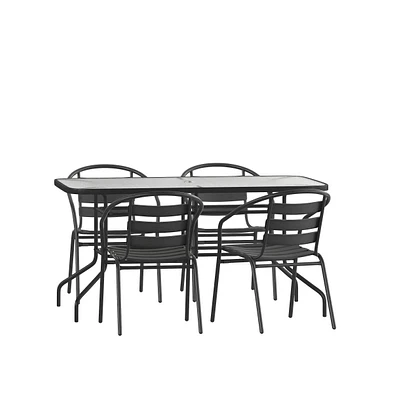 Patio Table & Chairs Set With Rectangular Metal Table With Tempered Glass Top And Stacking Chairs