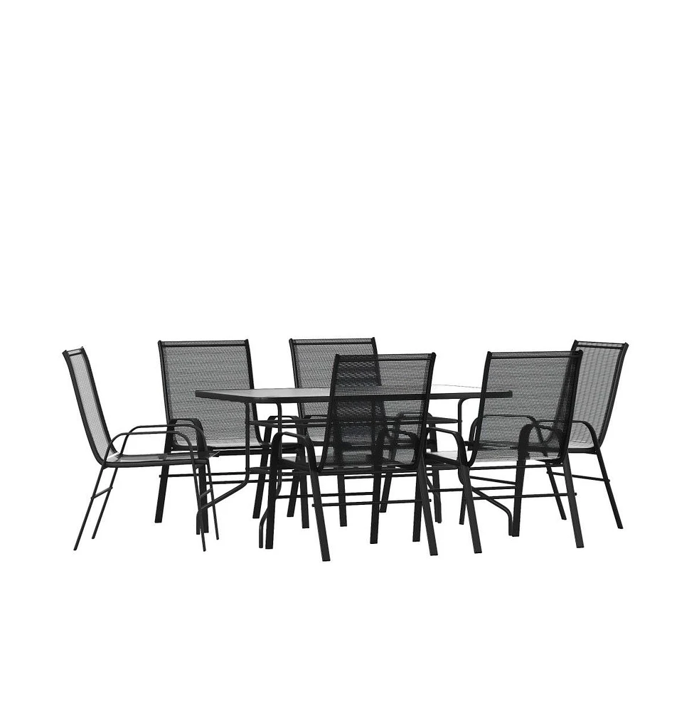 Seven Piece Patio Table Set With Metal Tempered Glass Top And 6 Flex Comfort Stacking Chairs