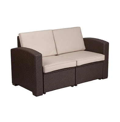 Malmok Outdoor Furniture Resin Loveseat Faux Rattan Wicker Pattern 2-Seat Loveseat With All-Weather Cushions