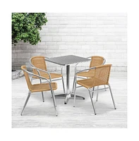 23.5" Square Aluminum Garden Patio Table Set With 4 Rattan Chairs