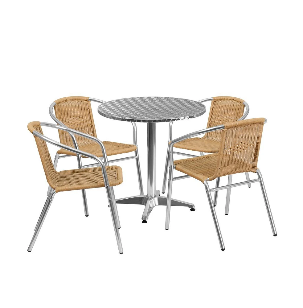 27.5" Round Aluminum Garden Patio Table Set With Rattan Chairs