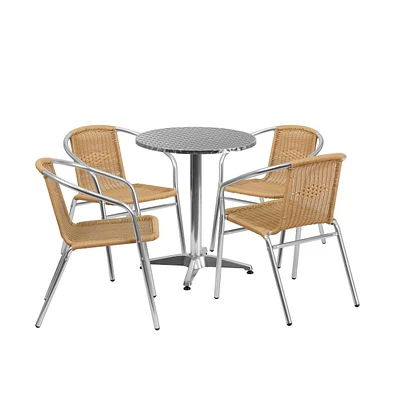 23.5" Round Aluminum Garden Patio Table Set With Rattan Chairs