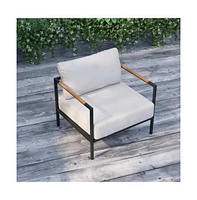 Eastport Outdoor Accent Chair With Removable Plush Fabric Cushions And Teak Accented Aluminum Frame