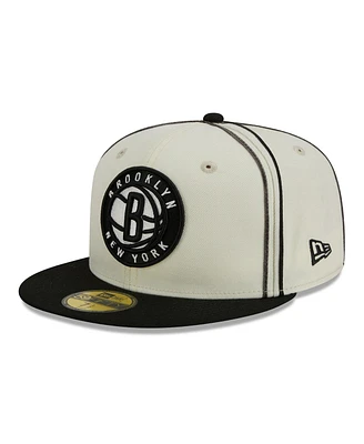 Men's New Era Cream, Black Brooklyn Nets Piping 2-Tone 59FIFTY Fitted Hat