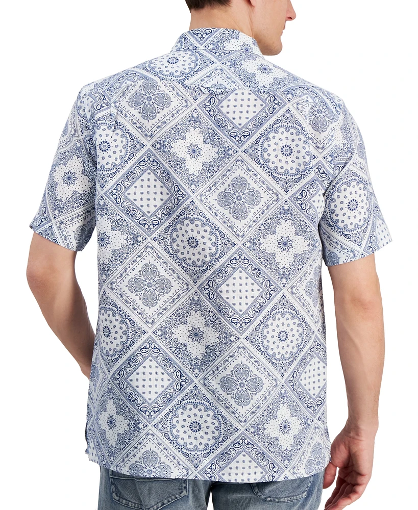 Club Room Men's Linen Bandana-Print Short-Sleeve Shirt, Created for Macy's