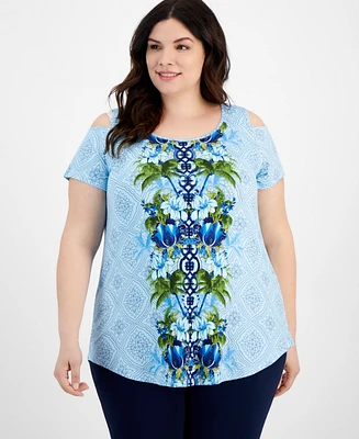 Jm Collection Plus Julia Jungle Cold-Shoulder Top, Created for Macy's