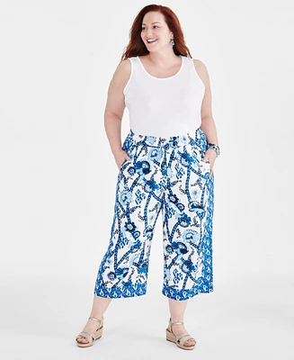 Style & Co Plus Linen Printed Drawstring Capri Pants, Created for Macy's
